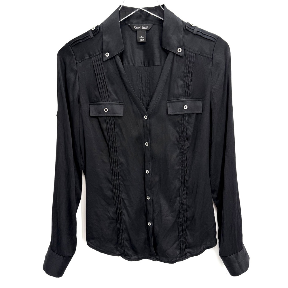 Y2K White House Black Market Silk Blend Blouse Size 6 Pintuck Black Office Siren